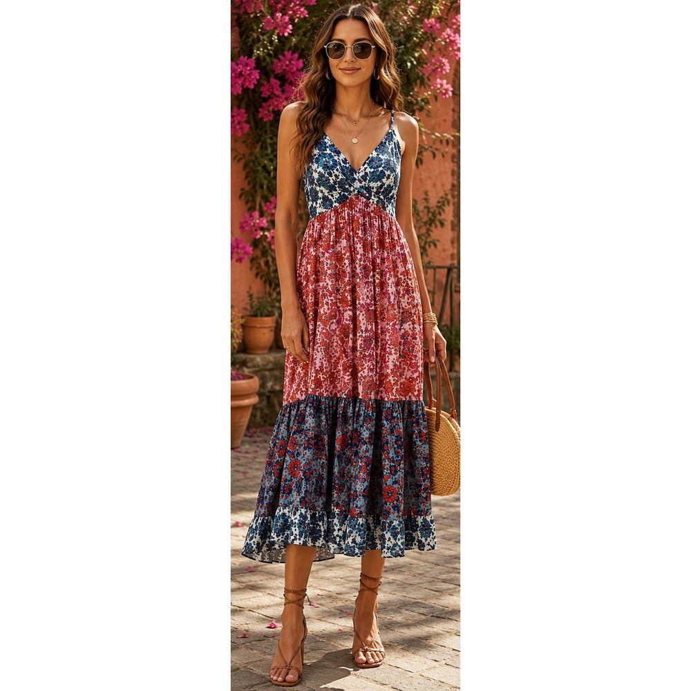 Angie Floral Patchwork Midi Dress Women XL‎ Multicolor Excellent Boho Resort